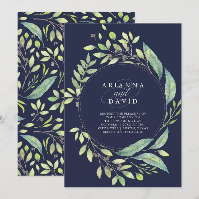 Invitation Cadre vert feuillu d'aquarelle épousant | (Devant / Derrière)