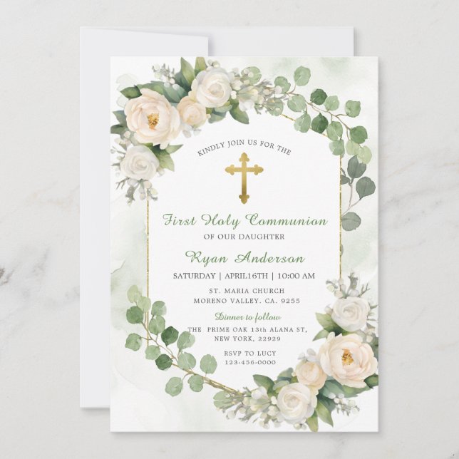 Invitation Cadre vert Floral Première Communion sainte (Devant)