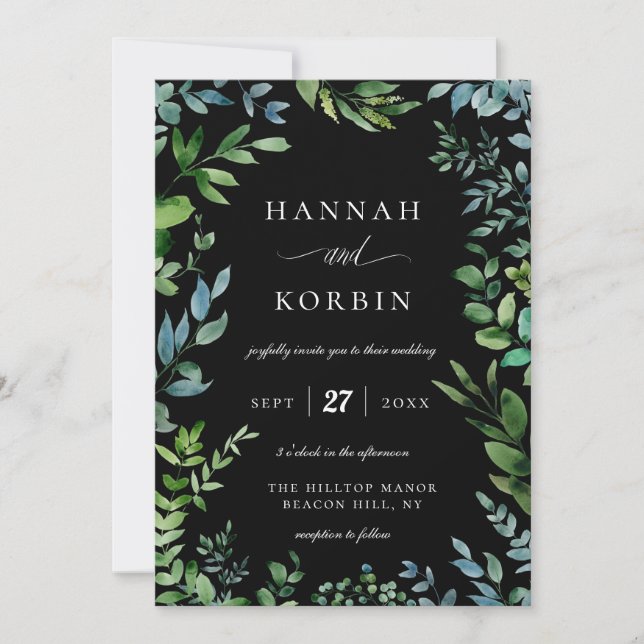 Invitation Cadre vert moderne | Mariage noir (Devant)