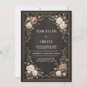 Invitation Cadre vintage à fleurs noires avec défilement or o