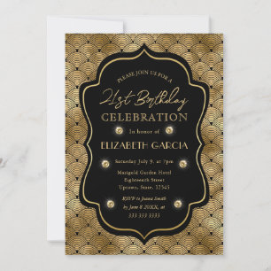 Invitation Cadre vintage Art déco noir et or 21e anniversaire