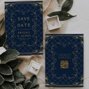Invitation Cadre Vintage Bleu Nuit Or Mariage Save the Date