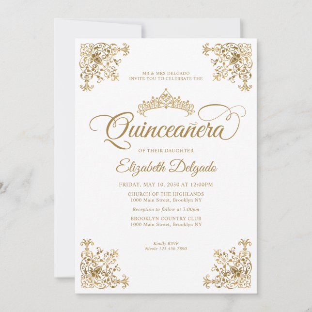 Invitation Cadre Vintage classique en or blanc Tiara Quincean (Devant)