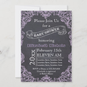 Invitation Cadre vintage Lilac et baby shower en tableau noir