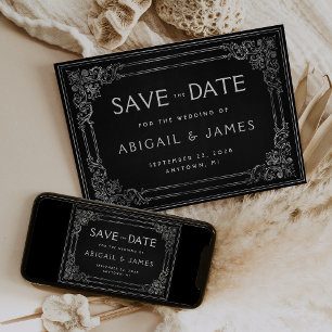 Invitation Cadre Vintage Noir Argent Mariage Économisez la Da