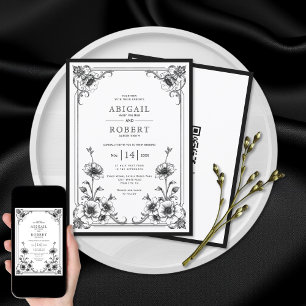 Invitation Cadre vintage noir blanc cadre QR code mariage