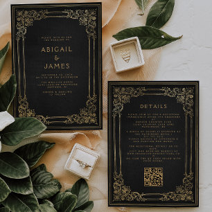 Invitation Cadre Vintage Noir Or Code QR Mariage