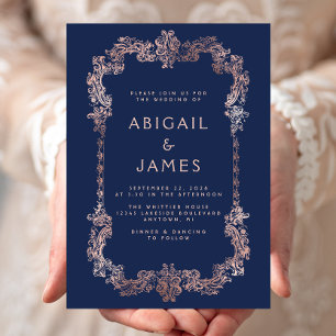 Invitation Cadre Vintage Orné Bleu Nuit Rose Doré Mariage
