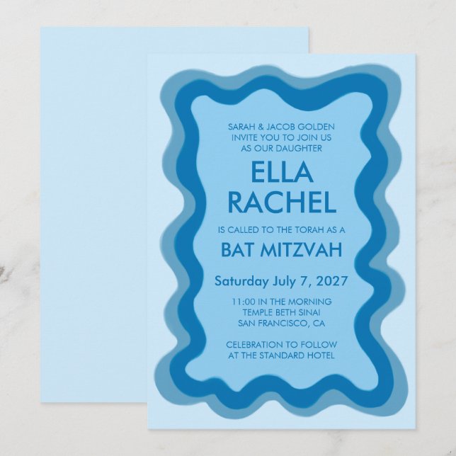 Invitation Cadre Wavy Frame Moderne Chic Bat mitzvah de barre (Devant / Derrière)