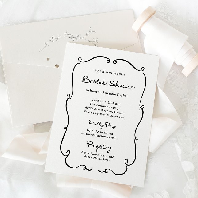 Invitation Cadre Whimsical | Fête des mariées noire et blanch (Créateur téléchargé)