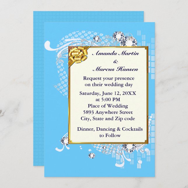 Invitation Cadres bleu & or & Diamants Image Wedding Invitati (Devant / Derrière)