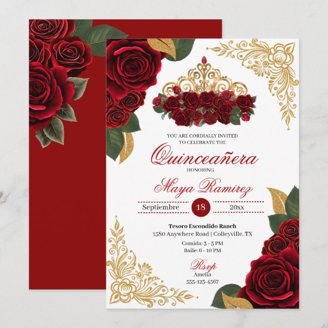 Invitation Cadres de Parties scintillant en or Roses rouges T (Devant / Derrière)