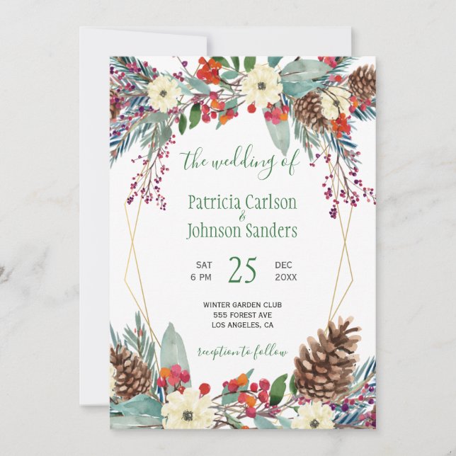 Invitation Cadres d'hiver or floral wreath Noël mariage (Devant)