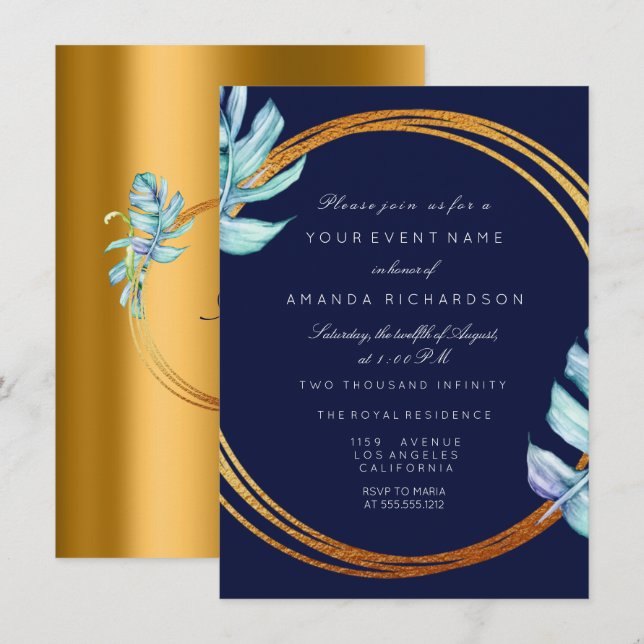 Invitation Cadres d'or bleu marine Monogramme Mariage tropica (Devant / Derrière)