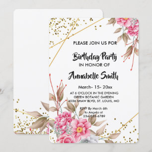 Invitation Cadres d'or géométrique Pink Floral fête d'anniver