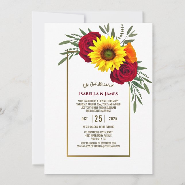 Invitation Cadres d'or Tournesol Rose accueil mariage (Devant)