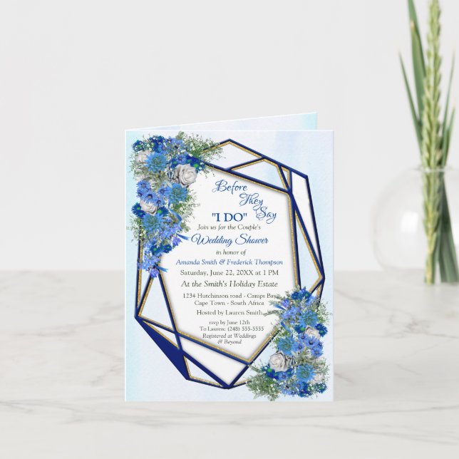 Invitation Cadres géométriques Gold-Navy & Fleurs bleues Coup (Devant)