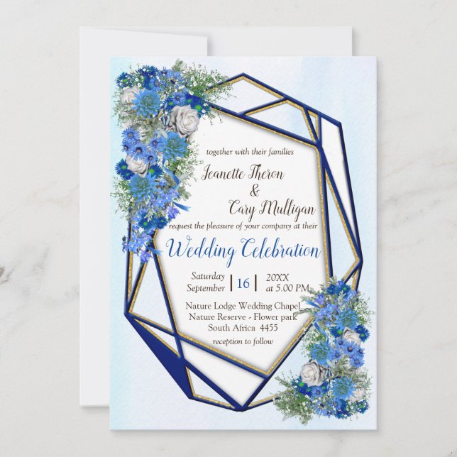 Invitation Cadres géométriques Gold-Navy & Fleurs de maïs (Devant)
