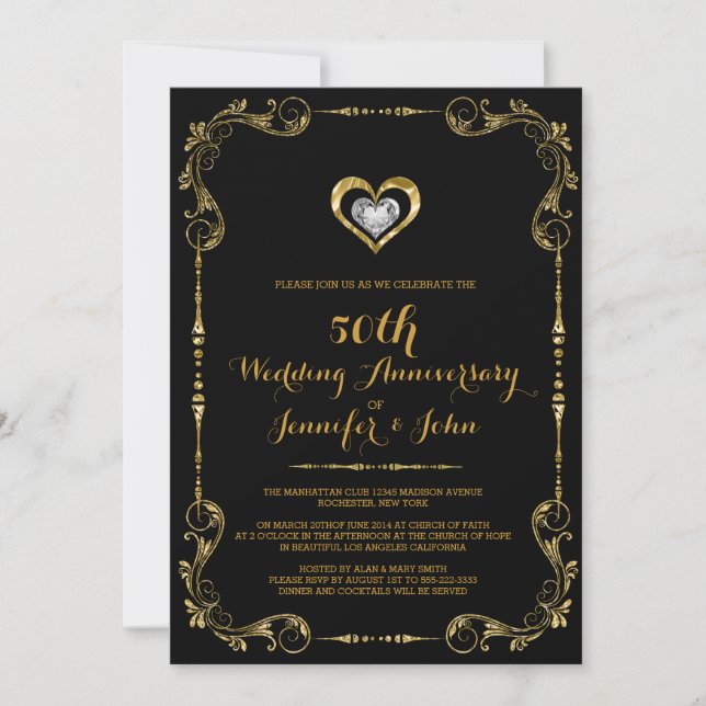 Invitation Cadres noir et or, Anniversaire d'argent du coeur (Devant)