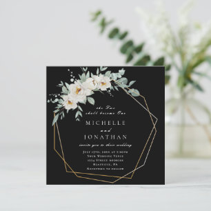 Invitation Cadres or Roses blanches sur Mariage chrétien noir
