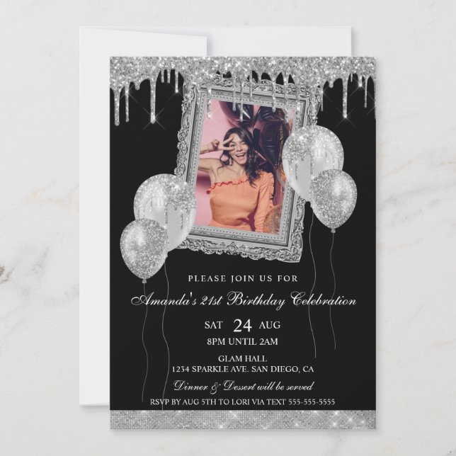 Invitation Cadres photo en argent et en Parties scintillant n (Devant)