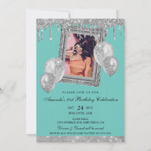 Invitation Cadres photo Silver et Turquoise Parties scintilla