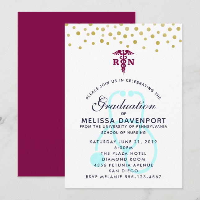 Invitation Caducée élégant et diplômé en soins infirmiers au  (Devant / Derrière)