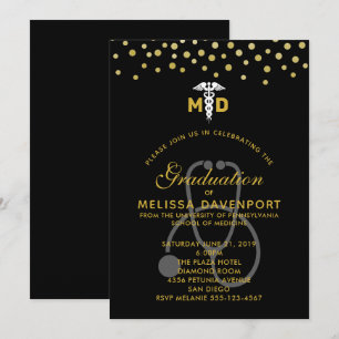 Invitation Caducée élégant et médecin diplômé au stéthoscope