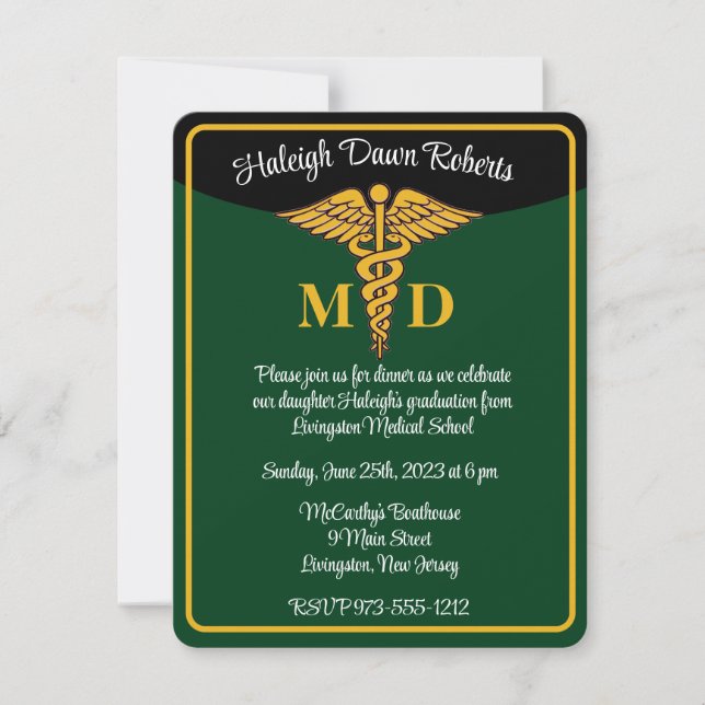 Invitation Caduceus Green & Black Médicale School Graduation (Devant)