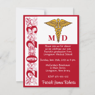 Invitation Caduceus Red & White Médicale School Graduation