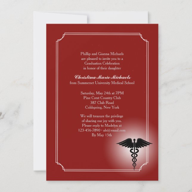 Invitation Caduceus Soins Médicales Crimson Graduation Invita (Devant)