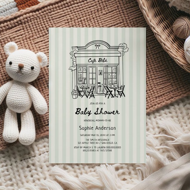 Invitation Café Bebe Sage Stripes Baby shower (Créateur téléchargé)