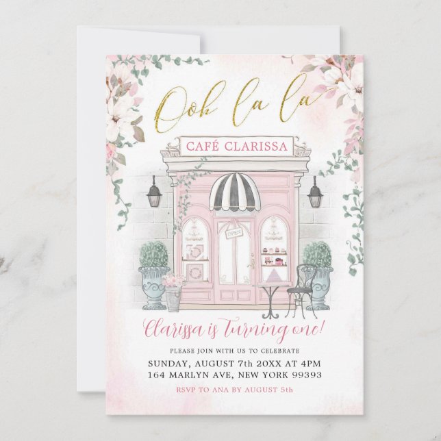 Invitation Café Français Rose et Or Patisserie Fille Annivers (Devant)