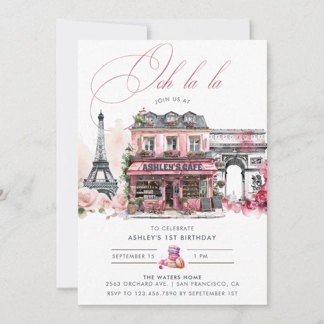 Invitation Café français rose Thé fête d'anniversaire (Devant)