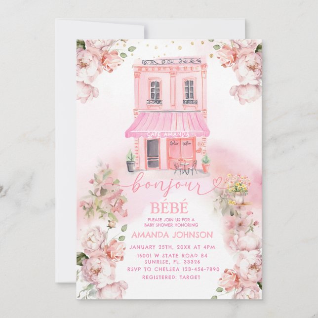 Invitation Café Parisien Baby shower Floral Rose (Devant)