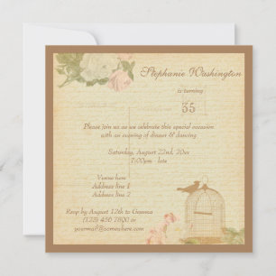 Invitation Cage à oiseaux vintage & Roses 35e anniversaire