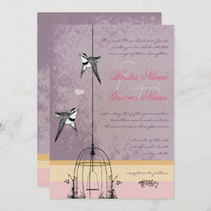 Invitation Cage d'oiseau vintage violet Mariage rose or