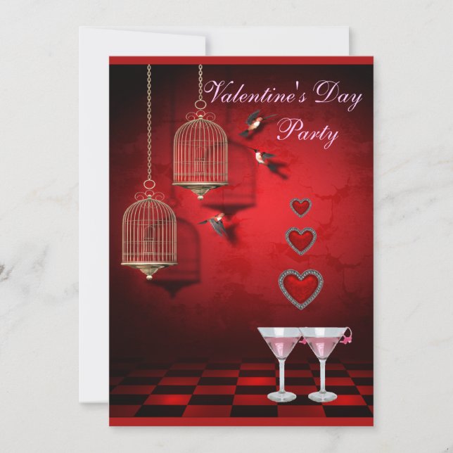 Invitation Cages, Coeurs et Martini rose pour oiseaux de la S (Devant)