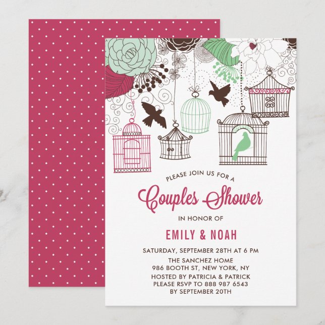 Invitation Cages d'oiseaux rouges et verts Couples floraux Do (Devant / Derrière)
