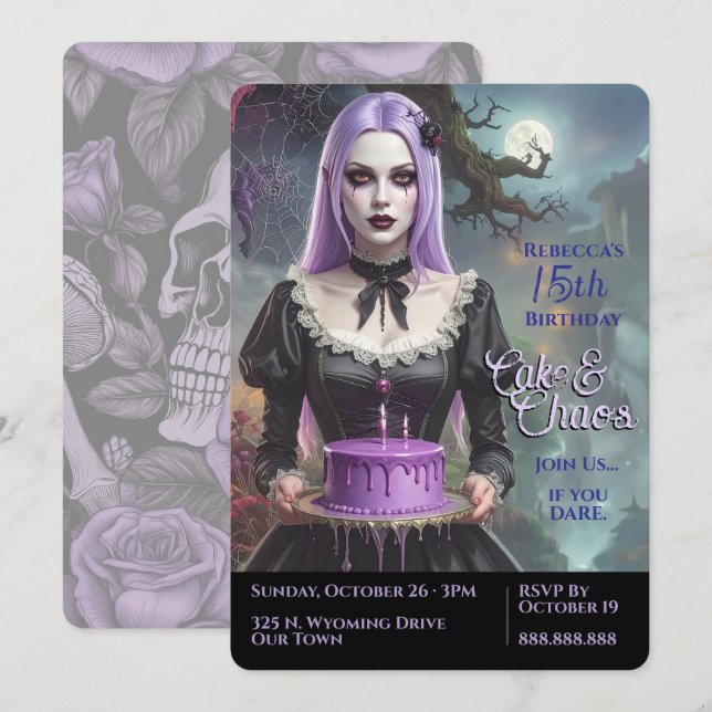 Invitation Cake & Chaos, Purple Goth Ado Fille Anniversaire (Devant / Derrière)