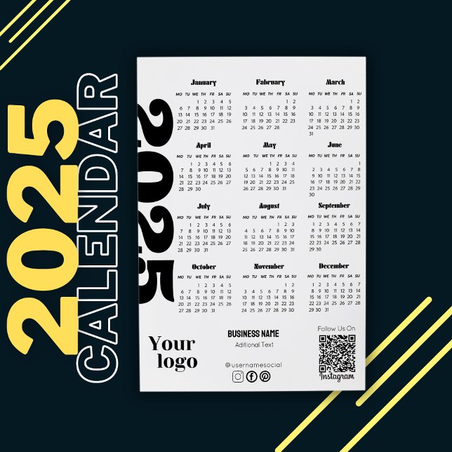 Invitation Calendrier 2025 Année Noir Et Blanc Entreprise (year calendar print, yearly calendar, corporate calendar, 2025 calendar, full year calendar)
