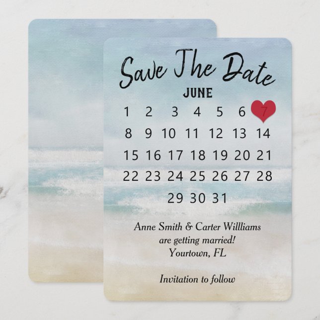 Invitation Calendrier de mariage à plage océanique "Sauver la (Devant / Derrière)