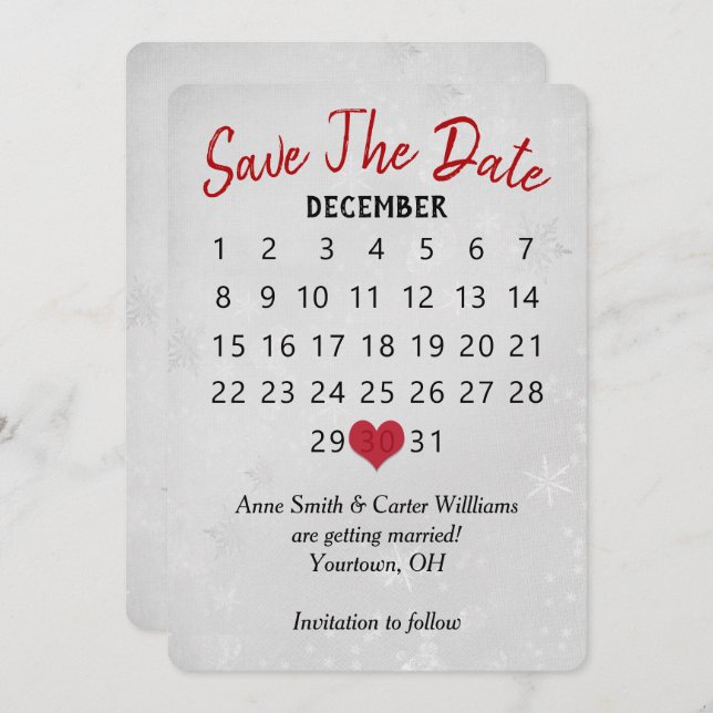 Invitation Calendrier de mariage "Sauver la date" Flocons d'a (Devant / Derrière)