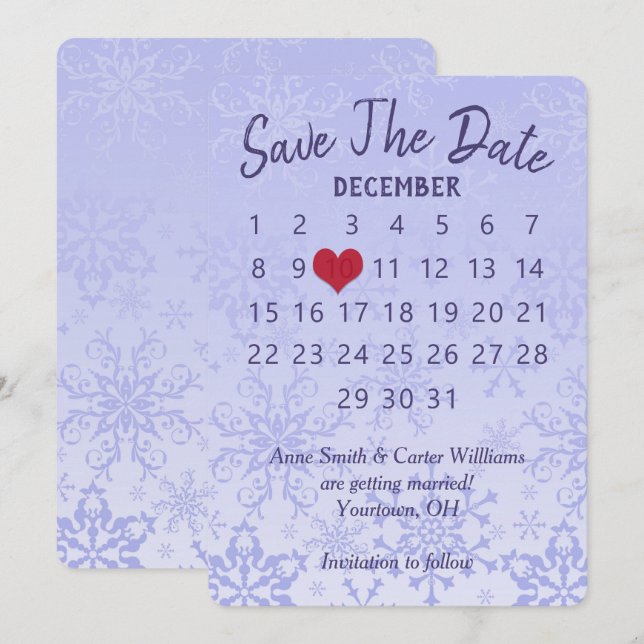 Invitation Calendrier de mariage "Sauver la date" flocons de  (Devant / Derrière)