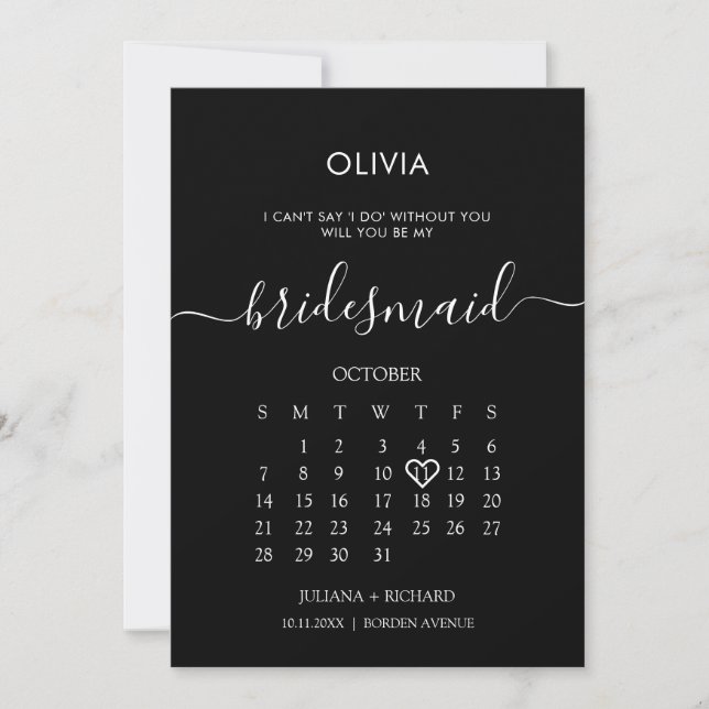 Invitation Calendrier de script moderne Bridesmaid Black Prop (Devant)