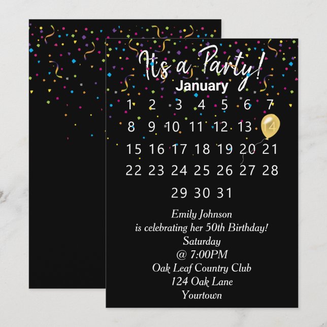 Invitation Calendrier des fêtes d'anniversaire avec Confetti (Devant / Derrière)