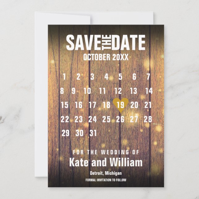 Invitation Calendrier en bois rustique pour annoncer la date (Devant)