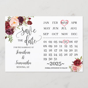 Invitation calendrier enregistrer la date du jour de mariage 