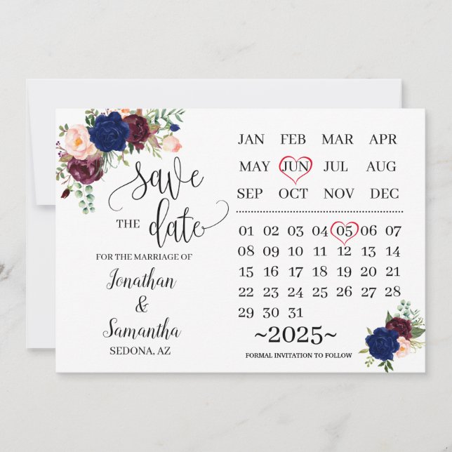 Invitation Calendrier enregistrer la date marine bordeaux jou (Devant)