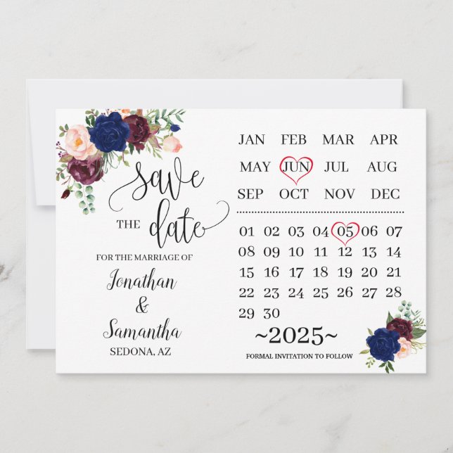 Invitation Calendrier Enregistrer la date Marine Burgundy Wed (Devant)